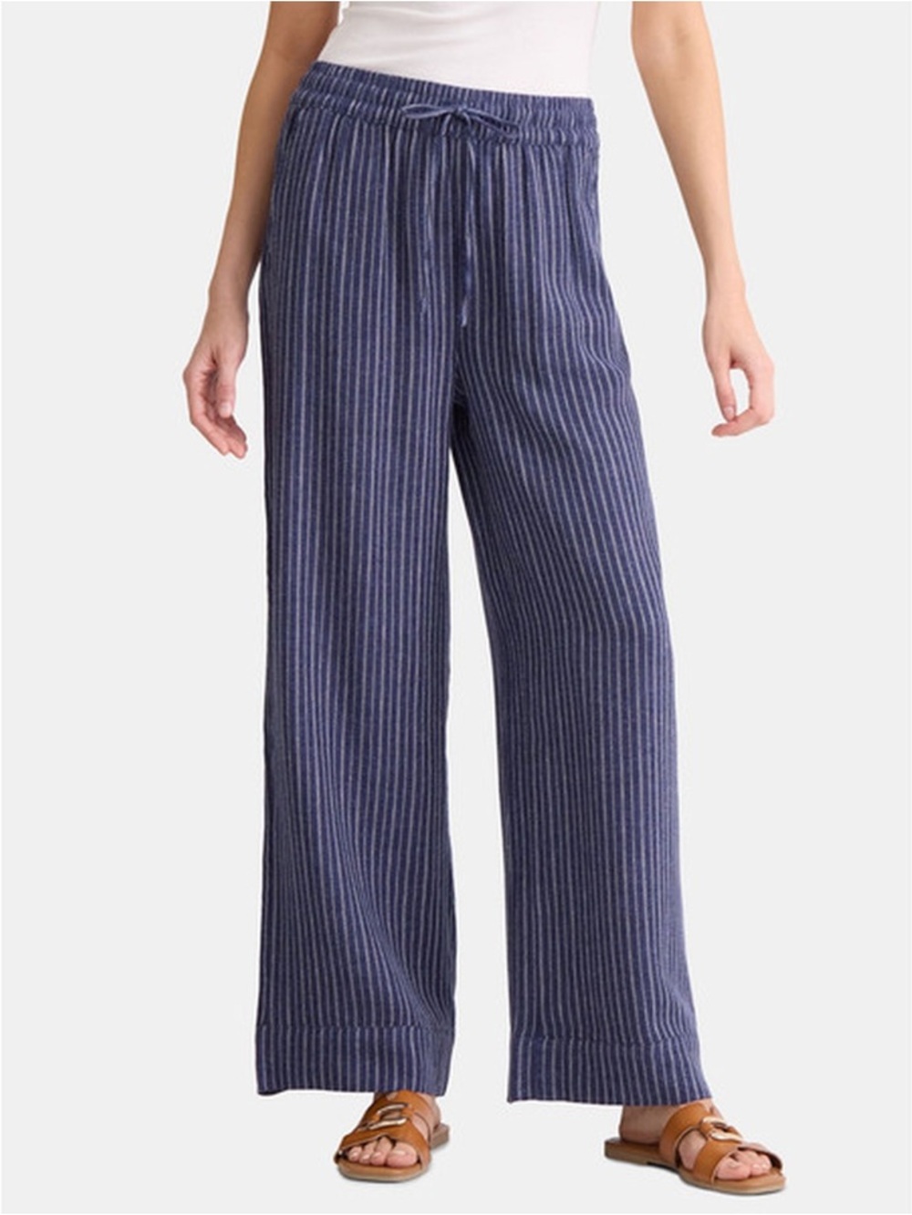 Time and Tru Linen Wide Leg Pants Large Navy White Pinstripe Relaxed Fit
